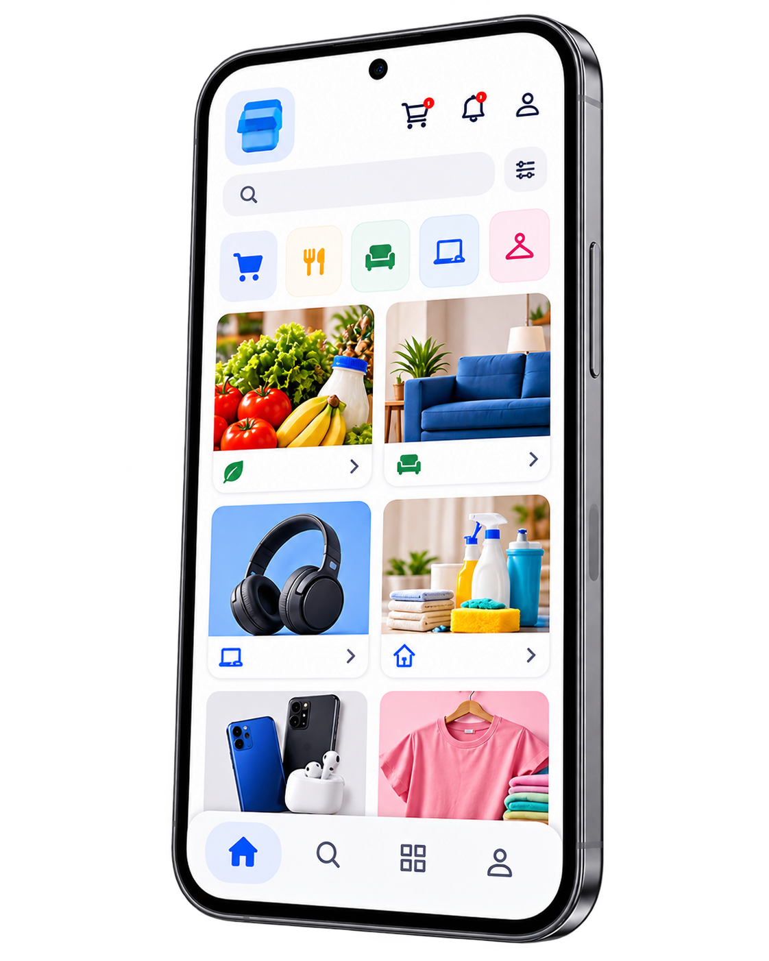 Vista de CumaShop en un teléfono: búsqueda y categorías de productos